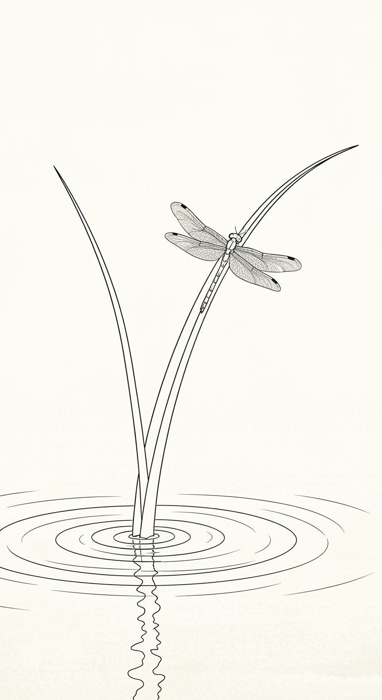 Minimalist Line Art: Dragonfly on Grass in Serene Nature
