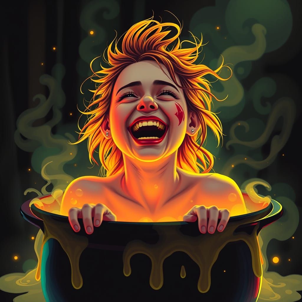 Teenage Witch Laughing in Cauldron Bath