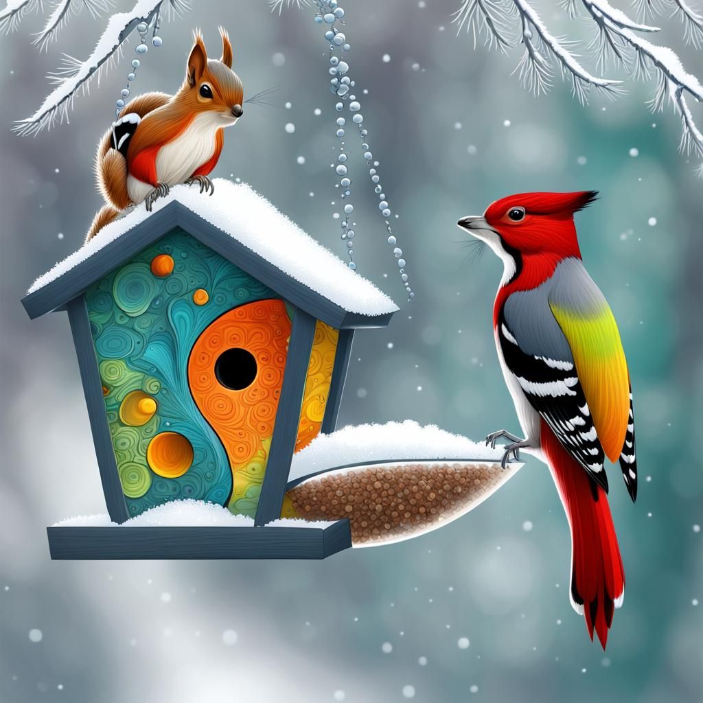Woodpecker and Squirrel Share Snowy Bird Feeder