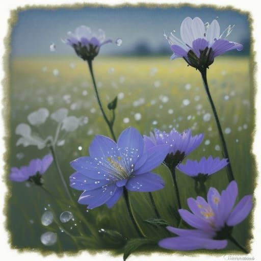 Tusche Drawing: Delicate Wildflower Meadow with Pointillism