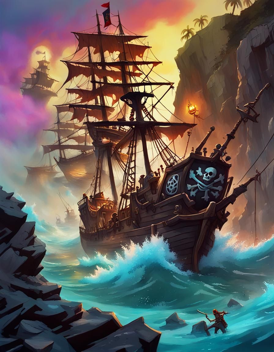 Pirate Ships Battle on Monkey Island in Graffiti Style