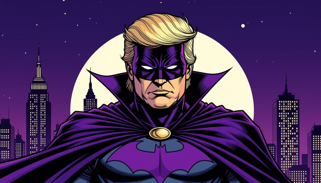 Supervillain in Cityscape, Comic Book Art Style