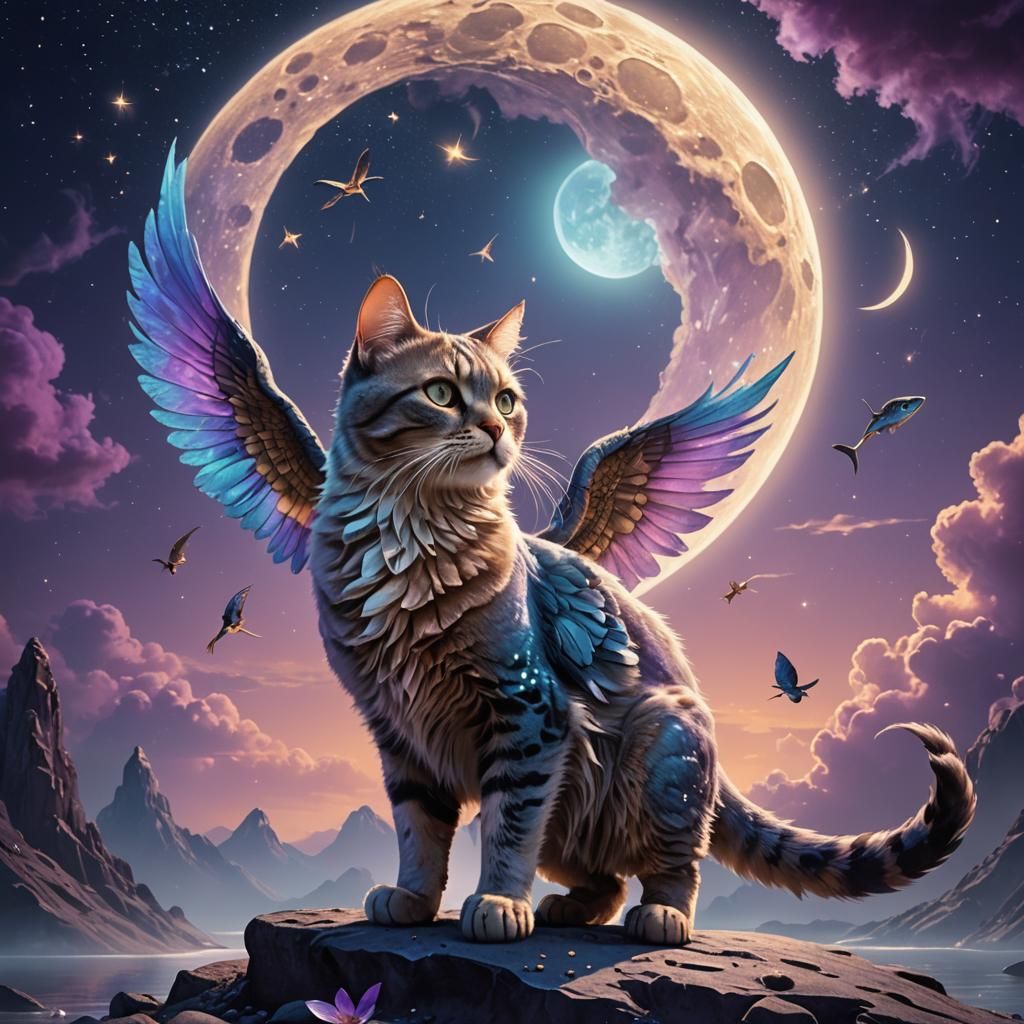 Winged Cat on the Moon Holding Fish