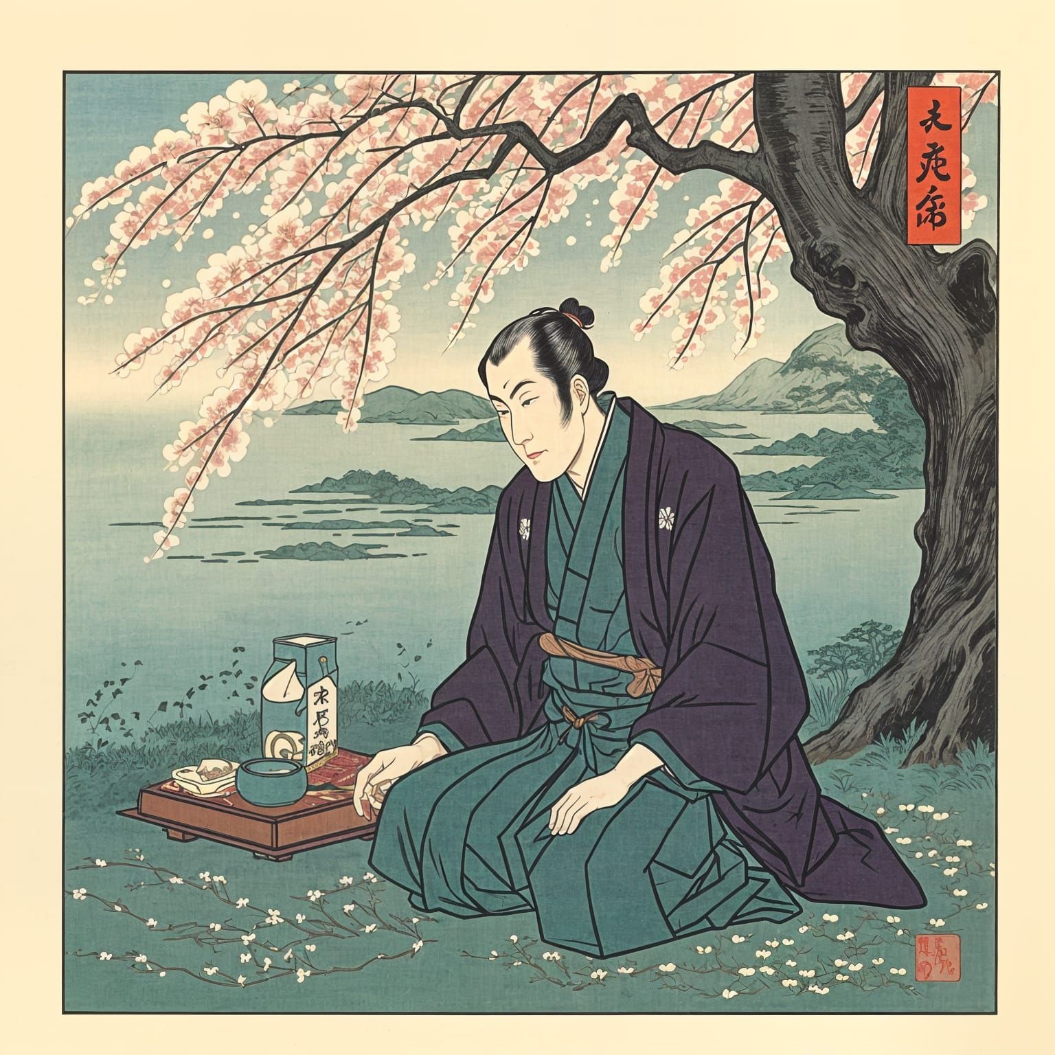 Meiji Ronin Drinking Tea: Ukiyo-e Style