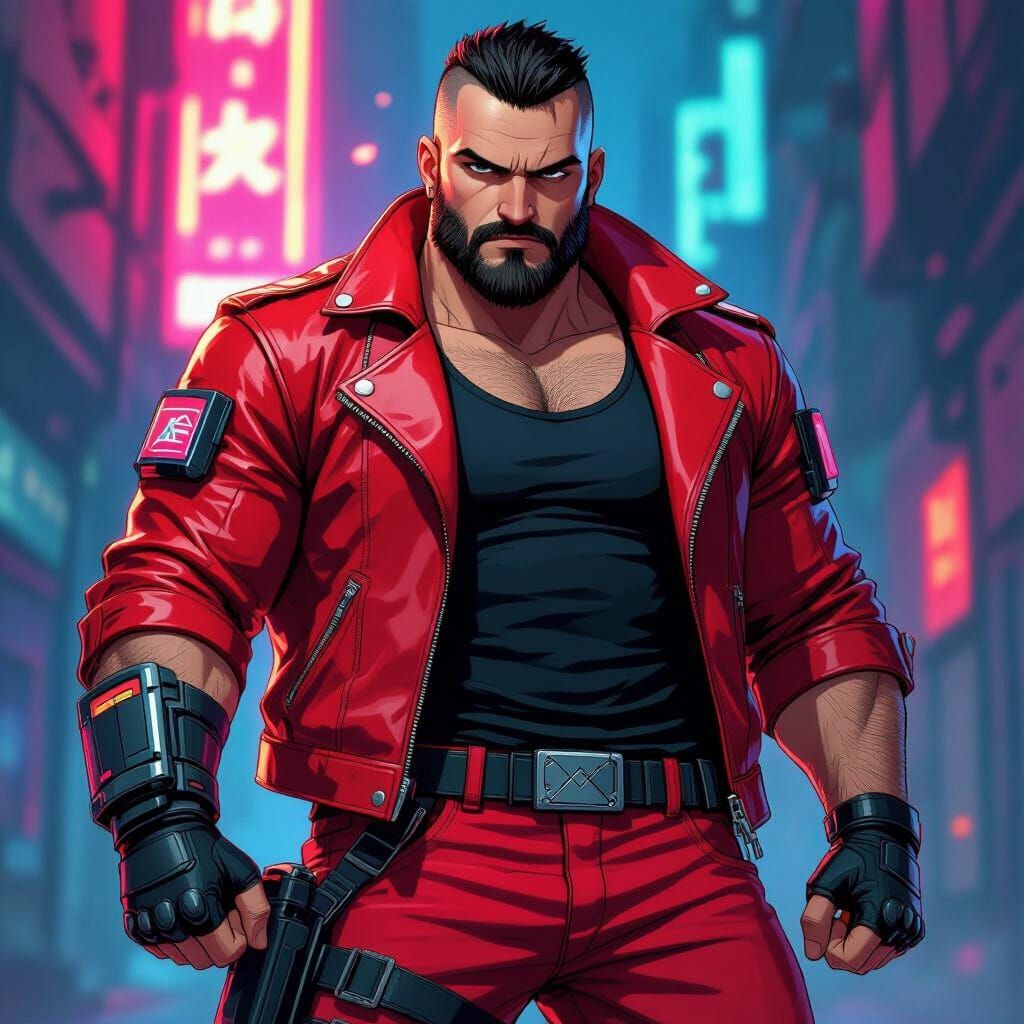 Fat Man in Red Jacket with Duel Disk, Neon Urban Comic Style