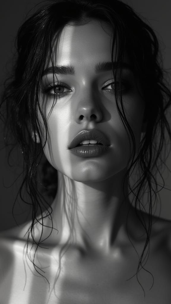 Striking Black and White Portrait of Woman with Red Accents