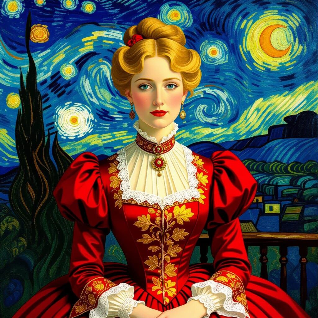 Victorian Lady in Red Dress, Post-Impressionist Style
