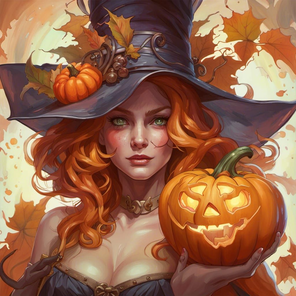Pumpkin Witch Portrait in Hyperdetailed Style