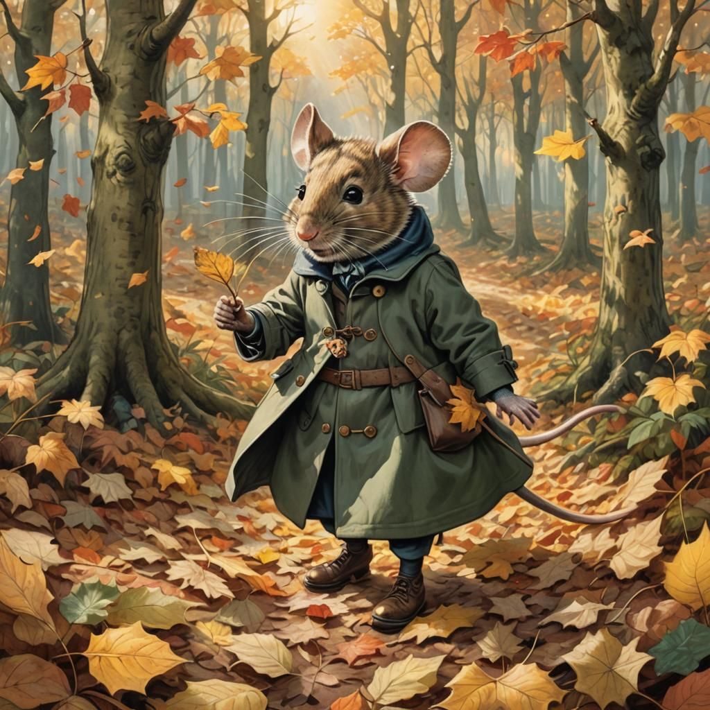 Mouse in Boots Kicking Autumn Leaves, Tenniel Style