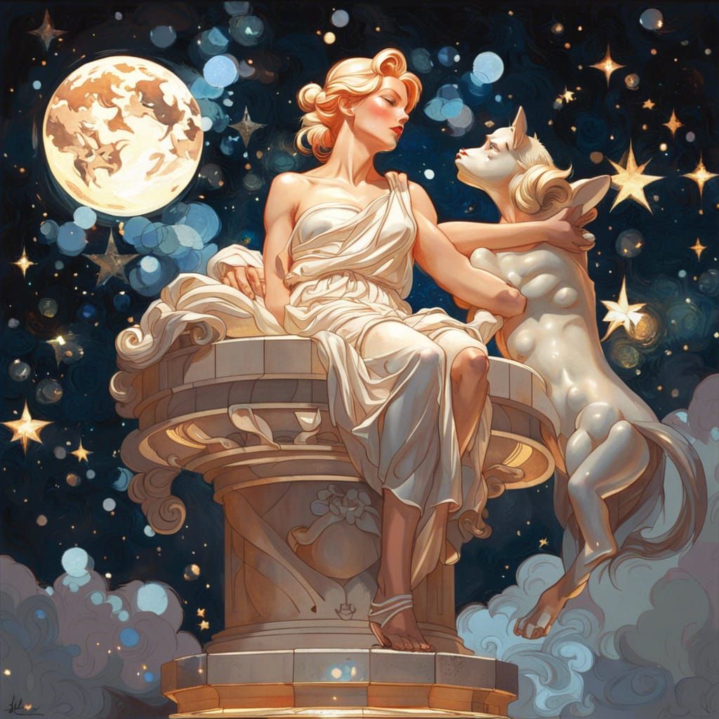 Marble Bust Statue Under Moonlight in Digital Painting Style