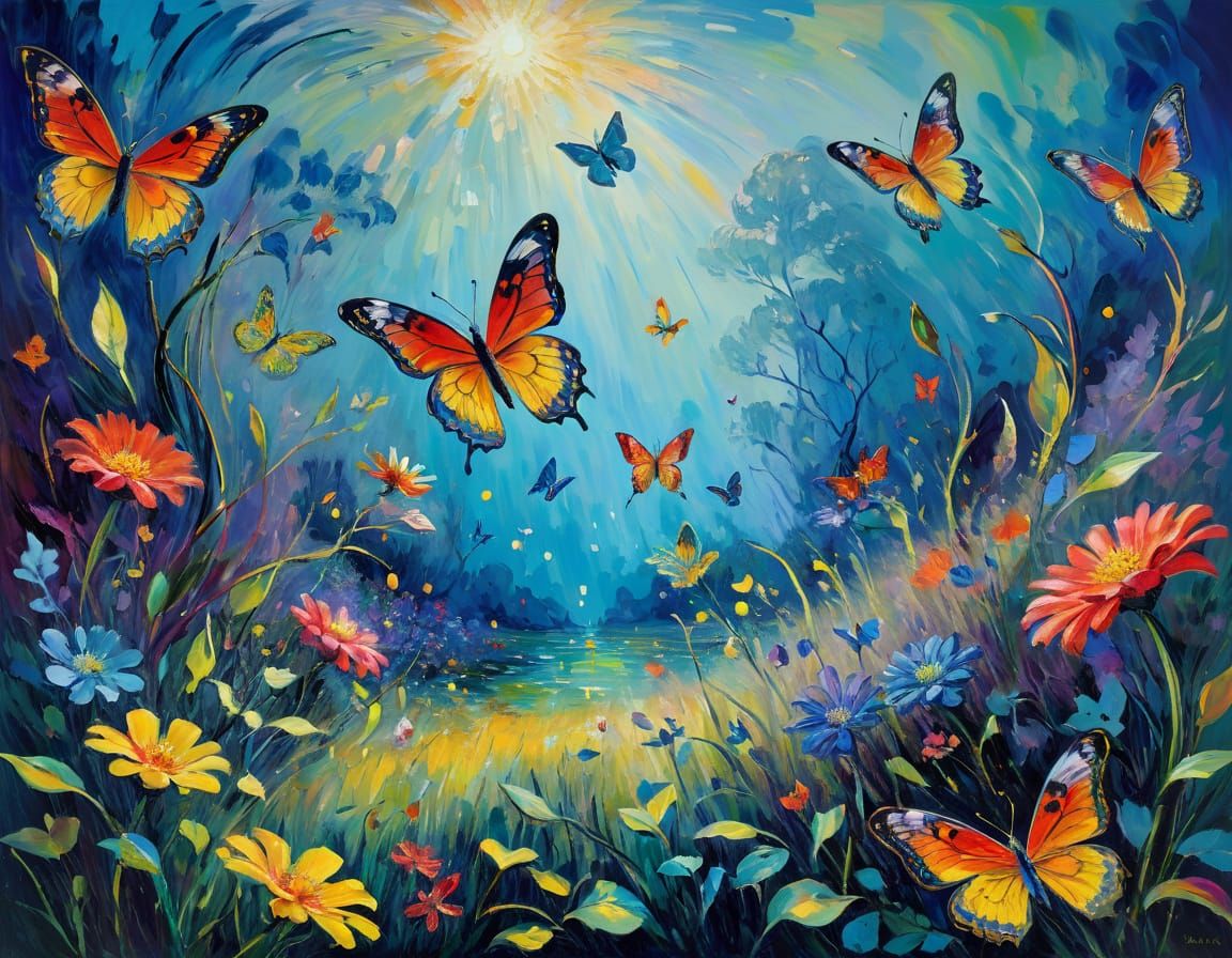 Whimsical Surreal Landscapes with Iridescent Butterflies and...