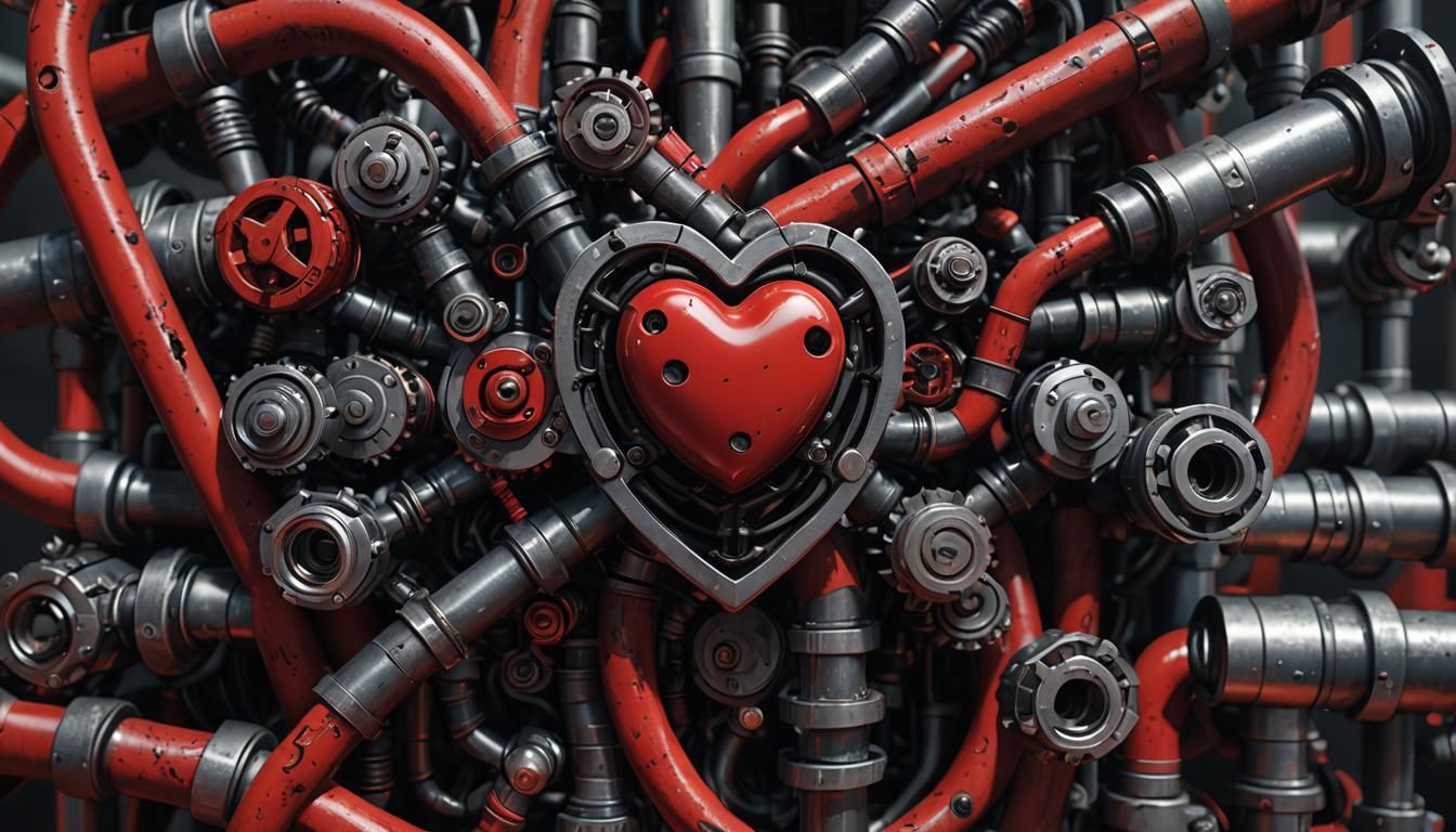 Detailed Cyborg Heart: Matte Painting in Deep Color