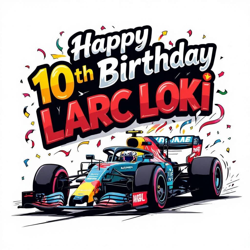Happy 10th Birthday F1 Car in Playful Caricature Style