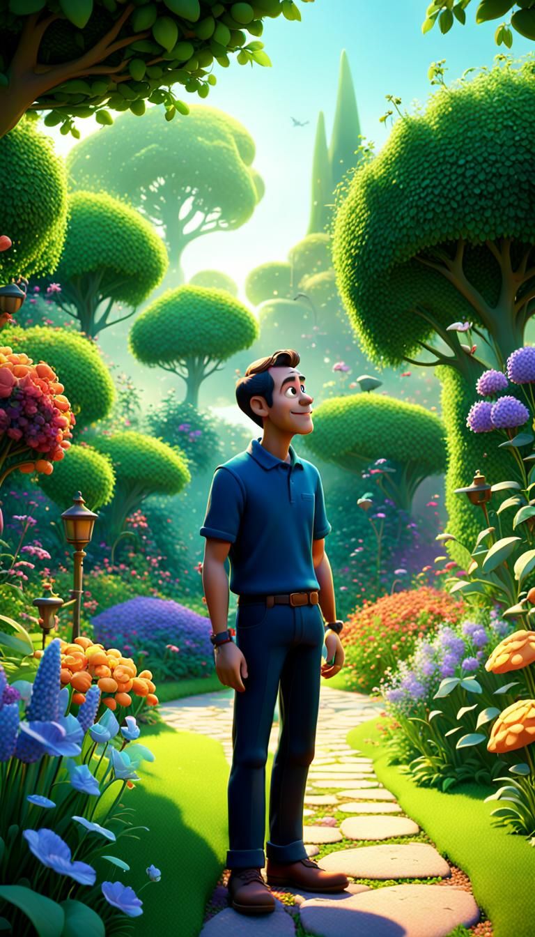 Man in Beautiful Garden: 3D Digital Art