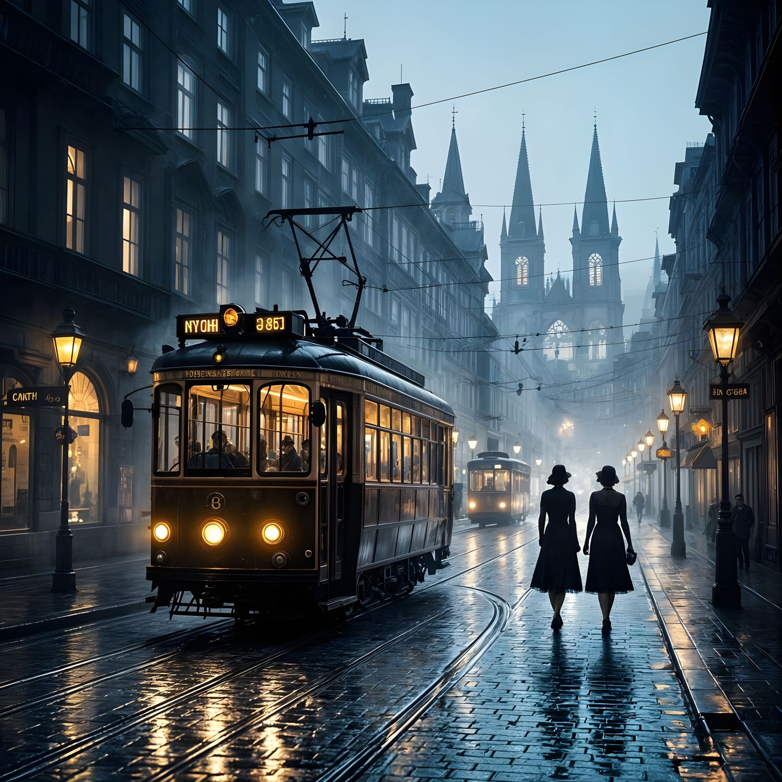 Misty European Street at Night in Vintage Noir Style