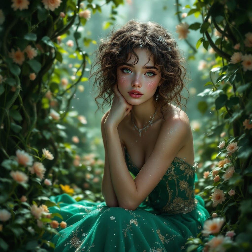 Mystical Girl in Emerald Gown with Swirling Silver Accents