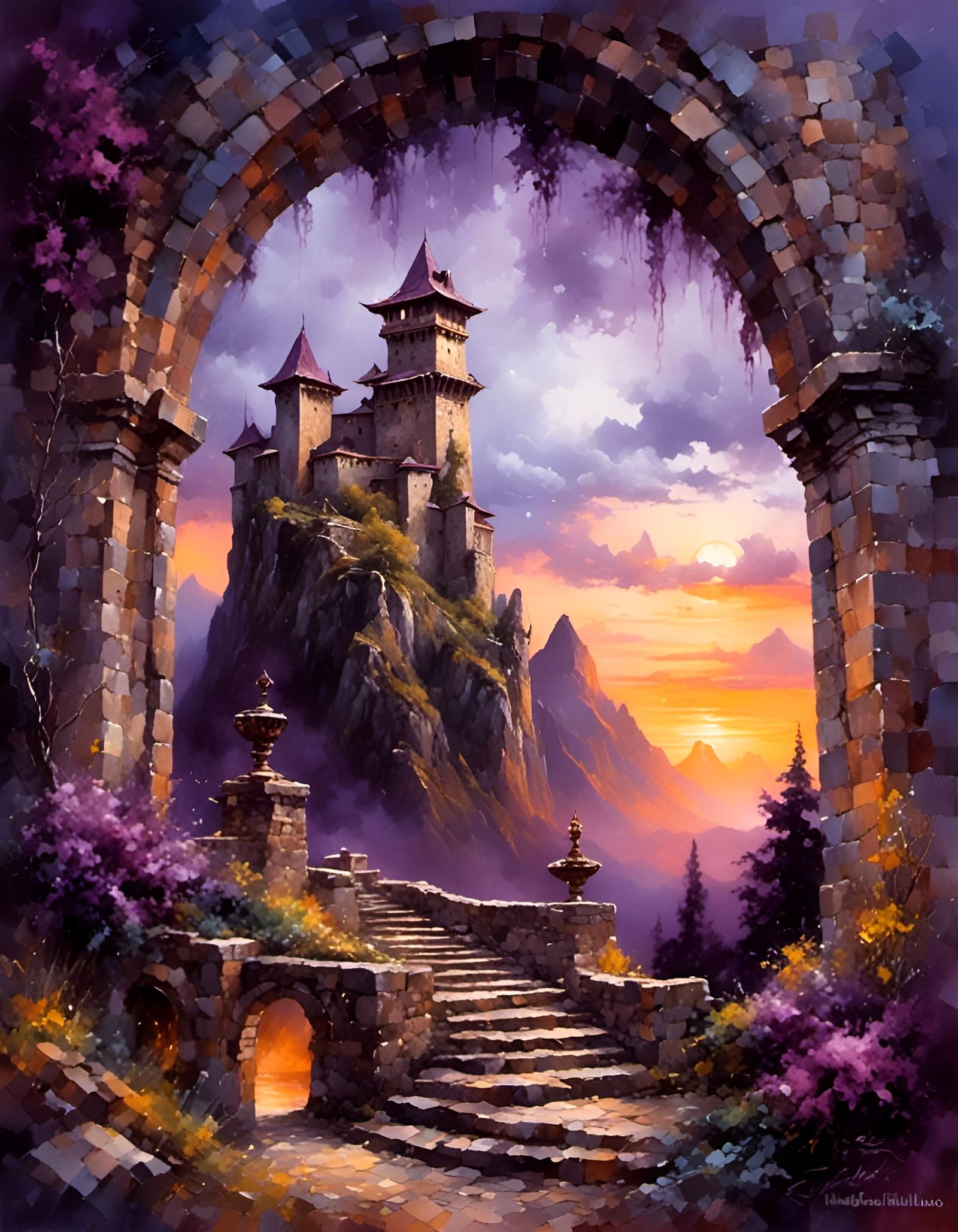 Epic Mountain Fortress in Acrylic Ceramic Painting