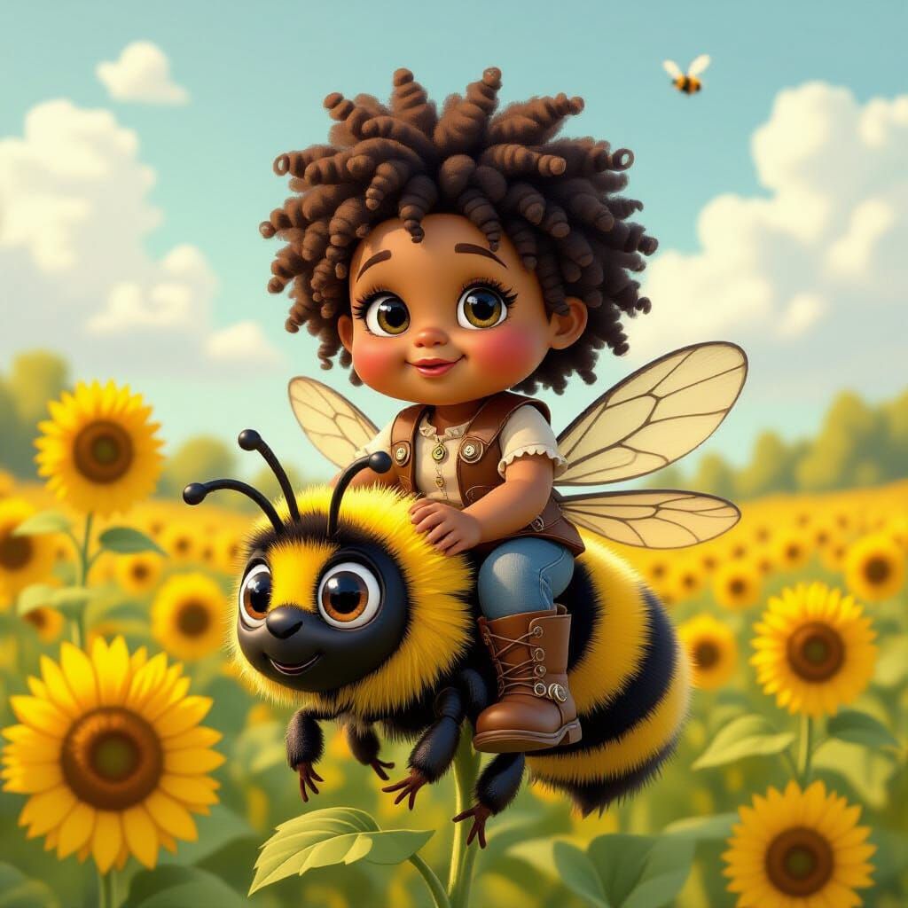 Child Soaring on Bumblebee in Fantasy Illustration Style