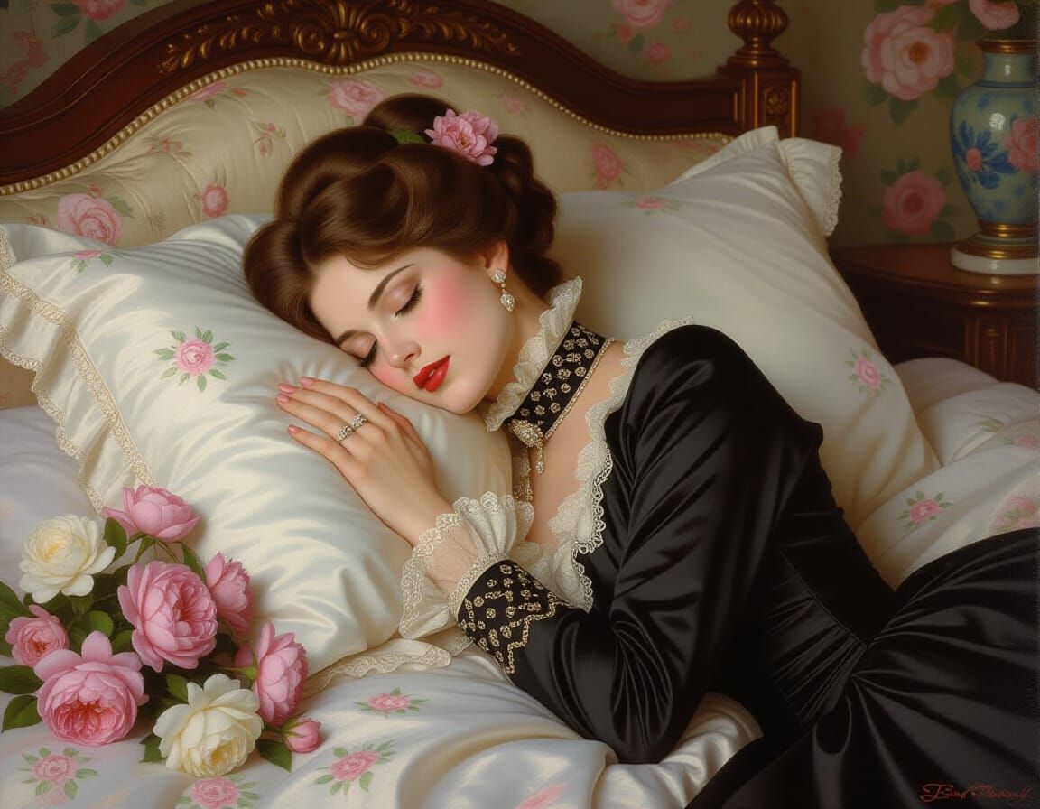 Victorian Woman Sleeping with Flowers in Dreamy Style