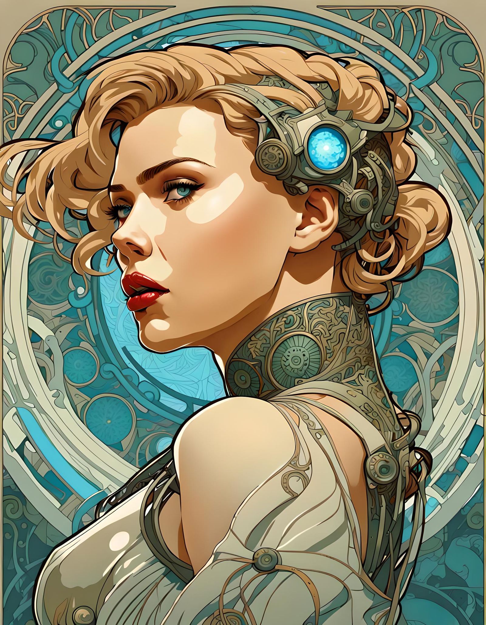 Scarlett Johansson as Lucy, Alphonse Mucha