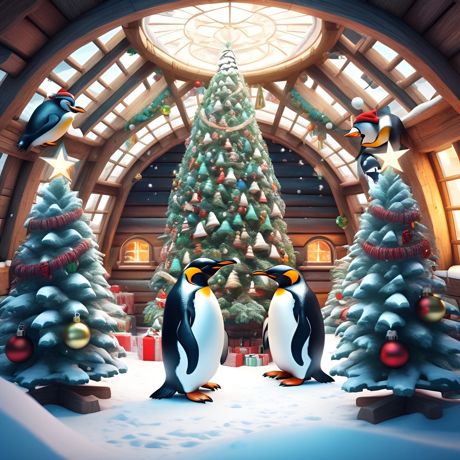 Penguins Decorating Igloo Christmas Tree: Photorealistic Fai...