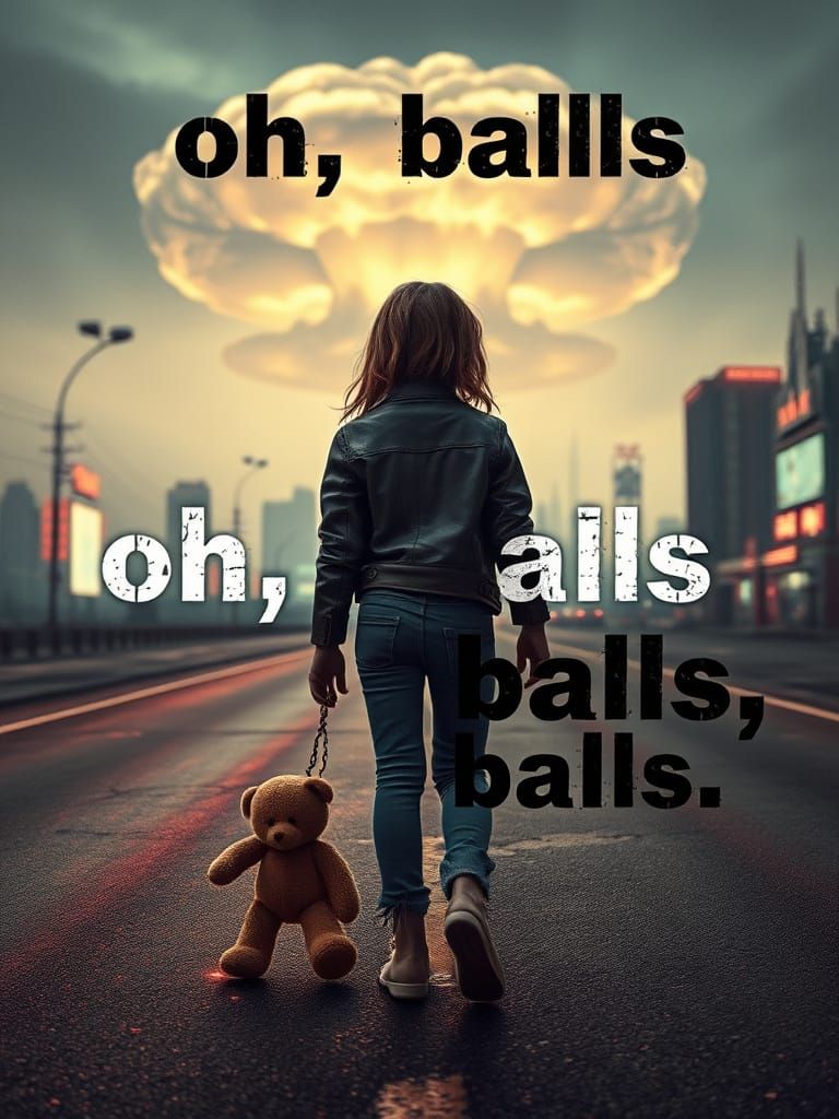 Gritty Cyberpunk Cityscape with Young Girl and Tattered Tedd...