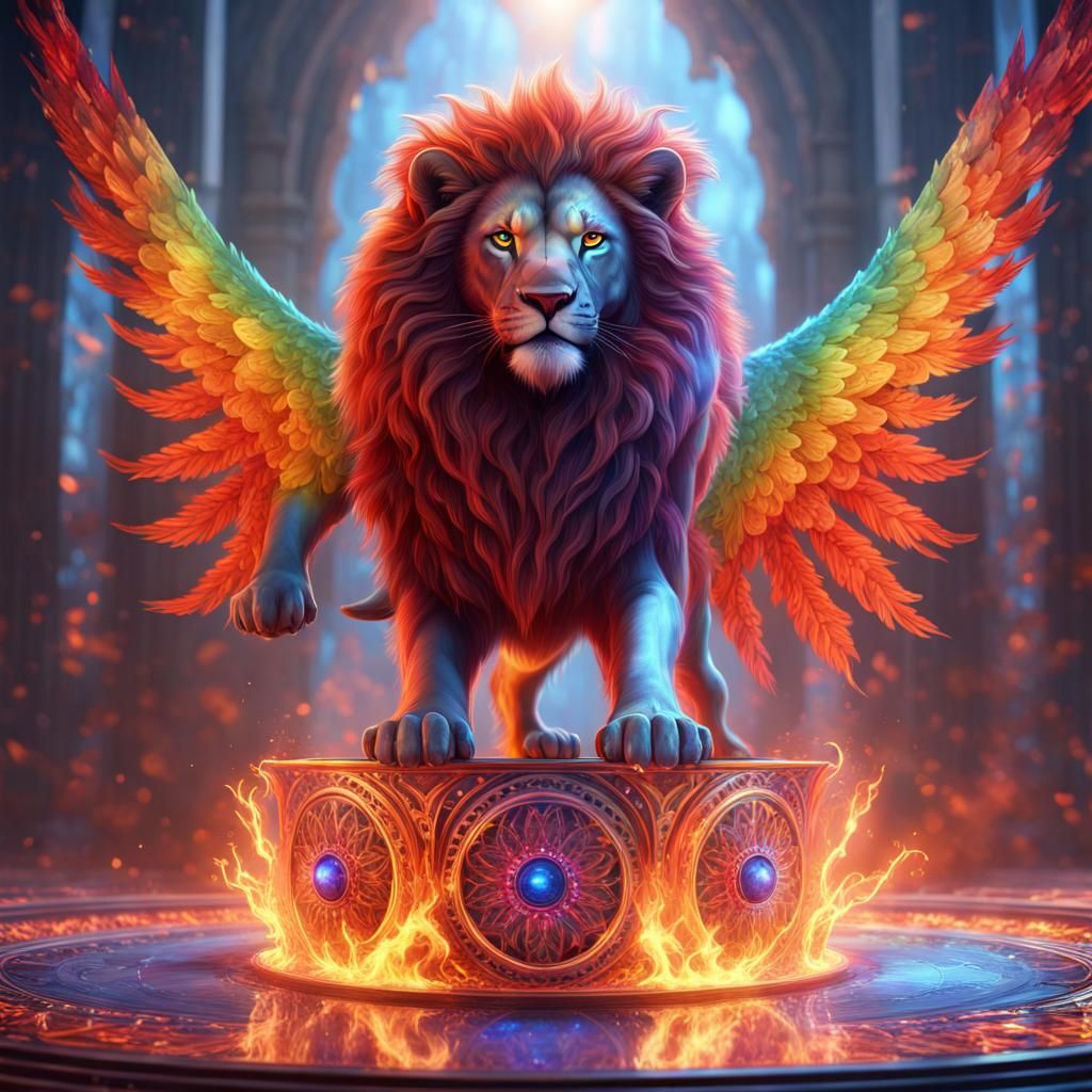Rainbow Lion with Burning Wheels, Fantasy Art