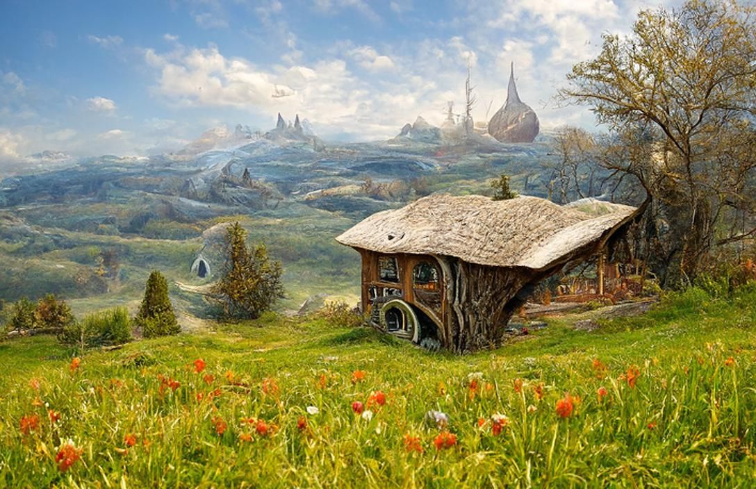 Surreal Storybook House in Springtime Meadow as Oil Painting