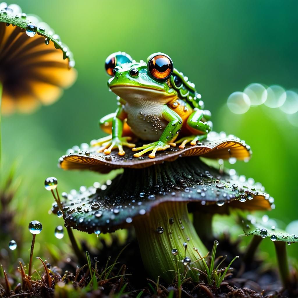 Steampunk Fairy Frog on Mushroom: Macro Photography