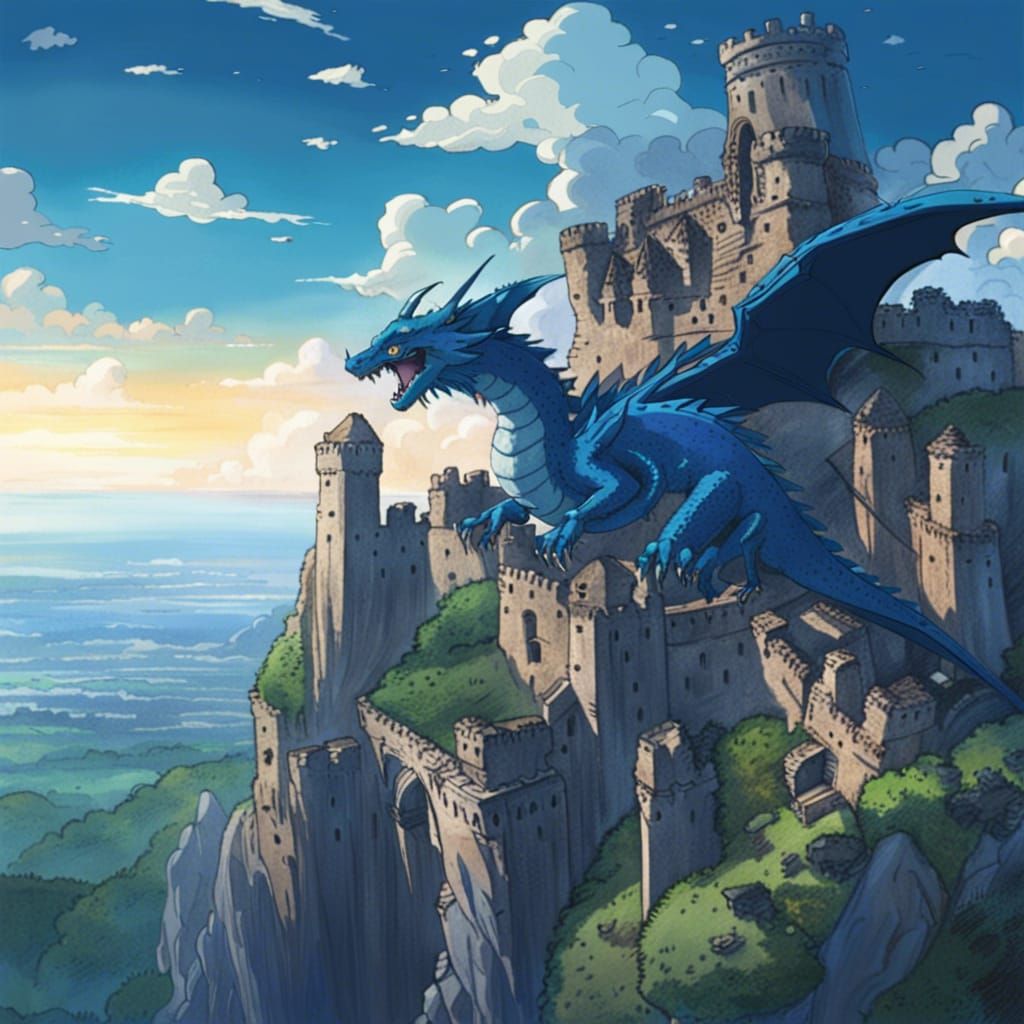 Dragon Flying Over Ruined Castle in Anime Style