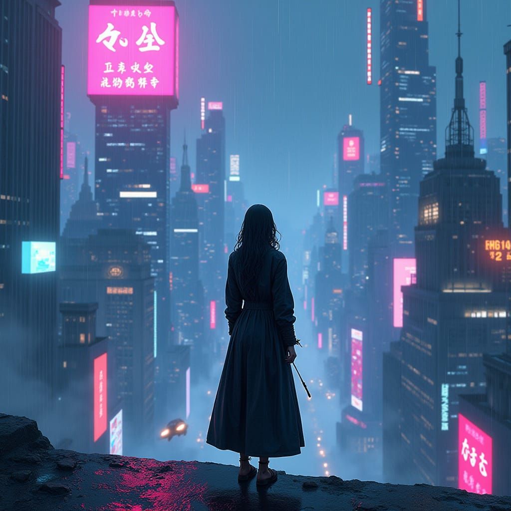 Cyberpunk Heroine Stands Amidst Dystopian Metropolis