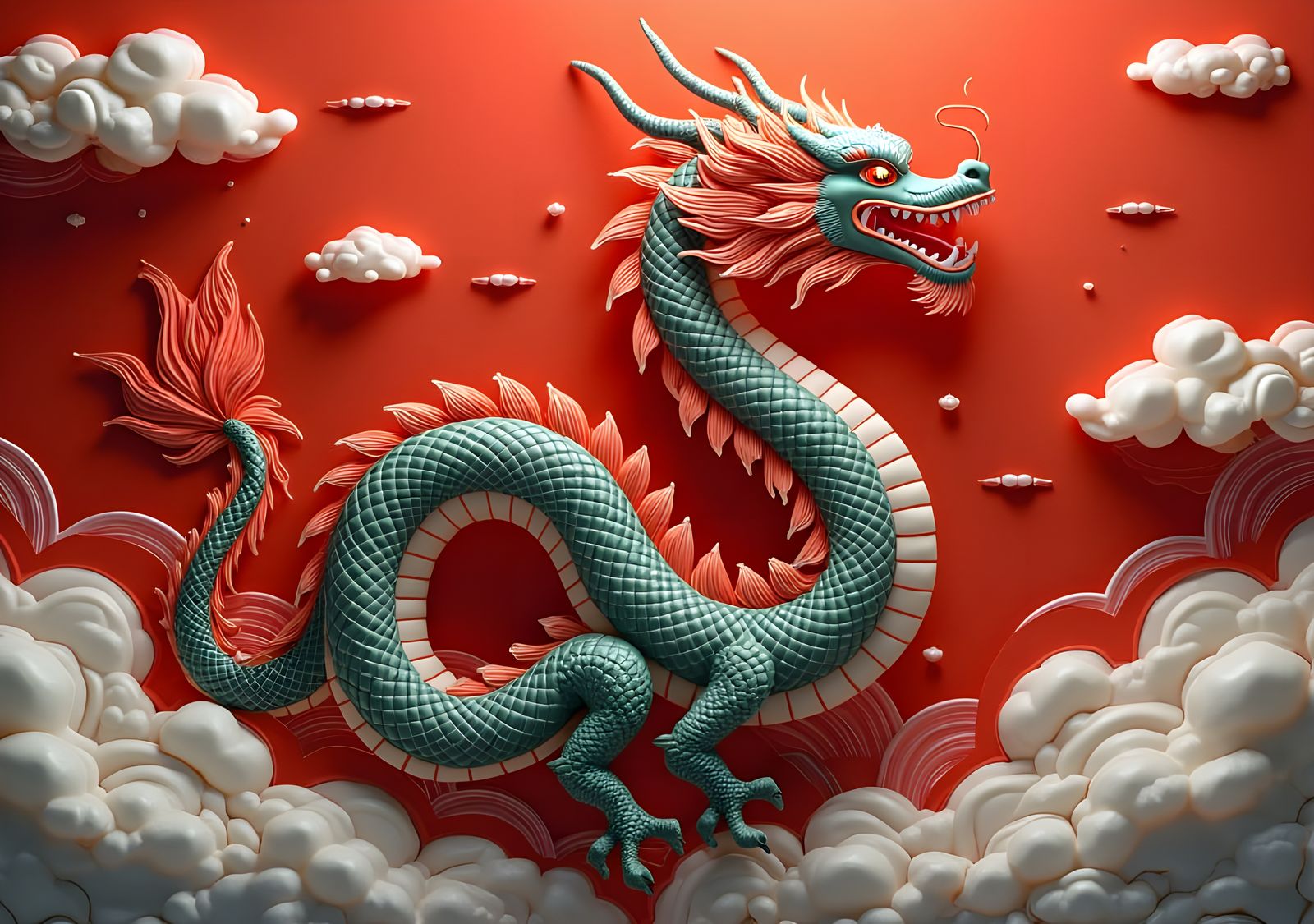 Festive Dragon on Red Background in Detailed Painting