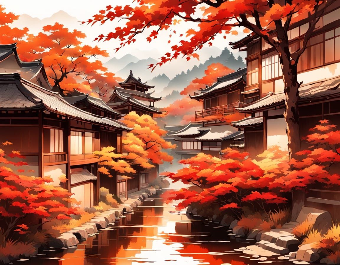 Autumn Village Landscape with Falling Maple Leaves