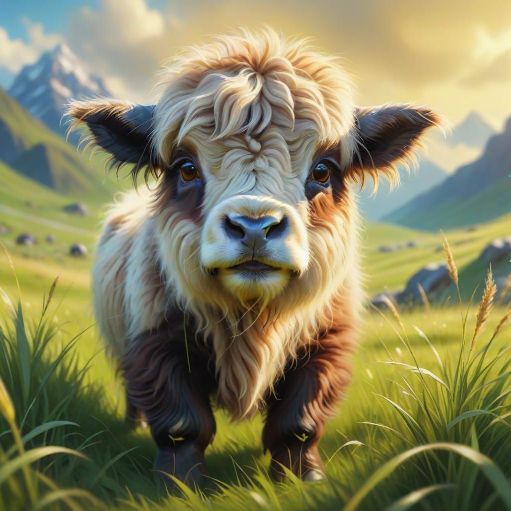 Adorable Baby Yak Plays in Green Meadow as Oil Painting