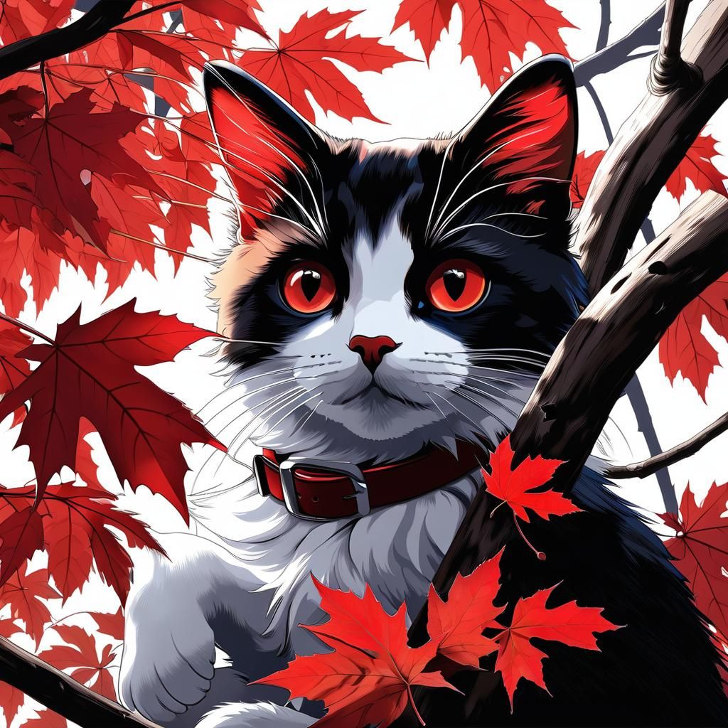 Tuxedo Cat in the Maple Tree