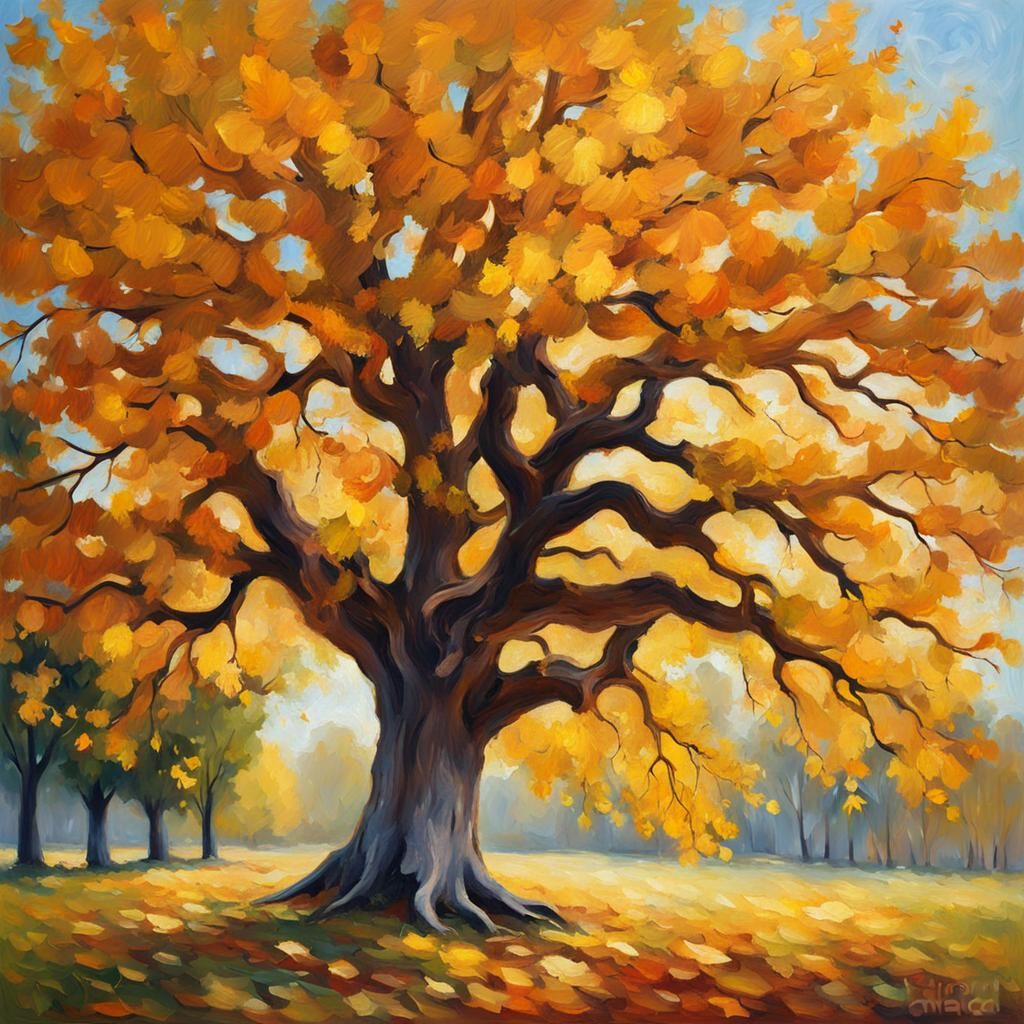 Golden Oak Tree in Impressionistic Style