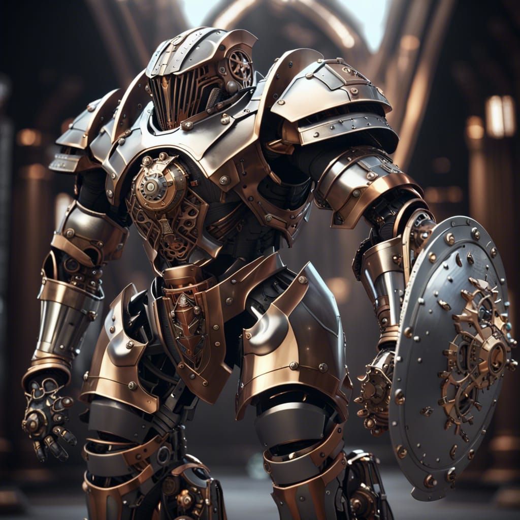 Steampunk Warforged Robot Knight with Shield