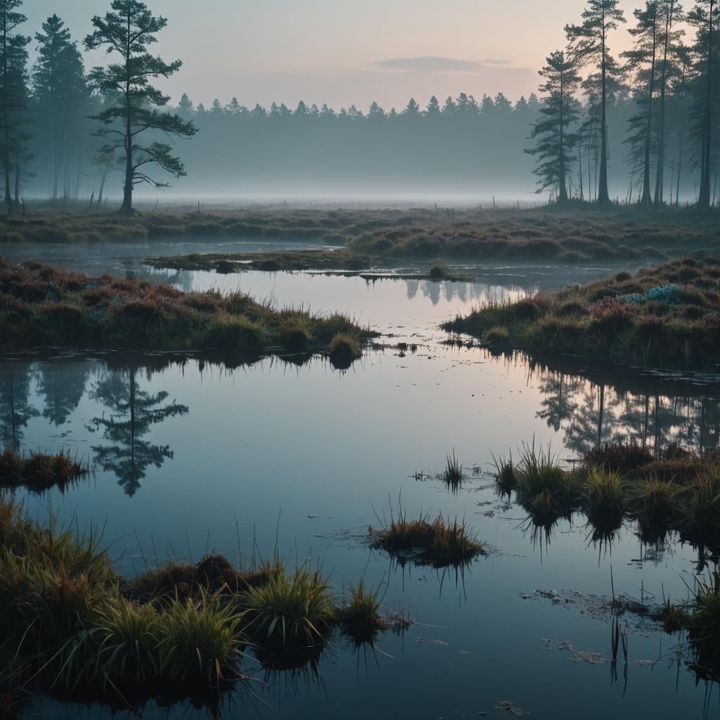 Misty Blue Bog at Dawn in Cinematic Film Style