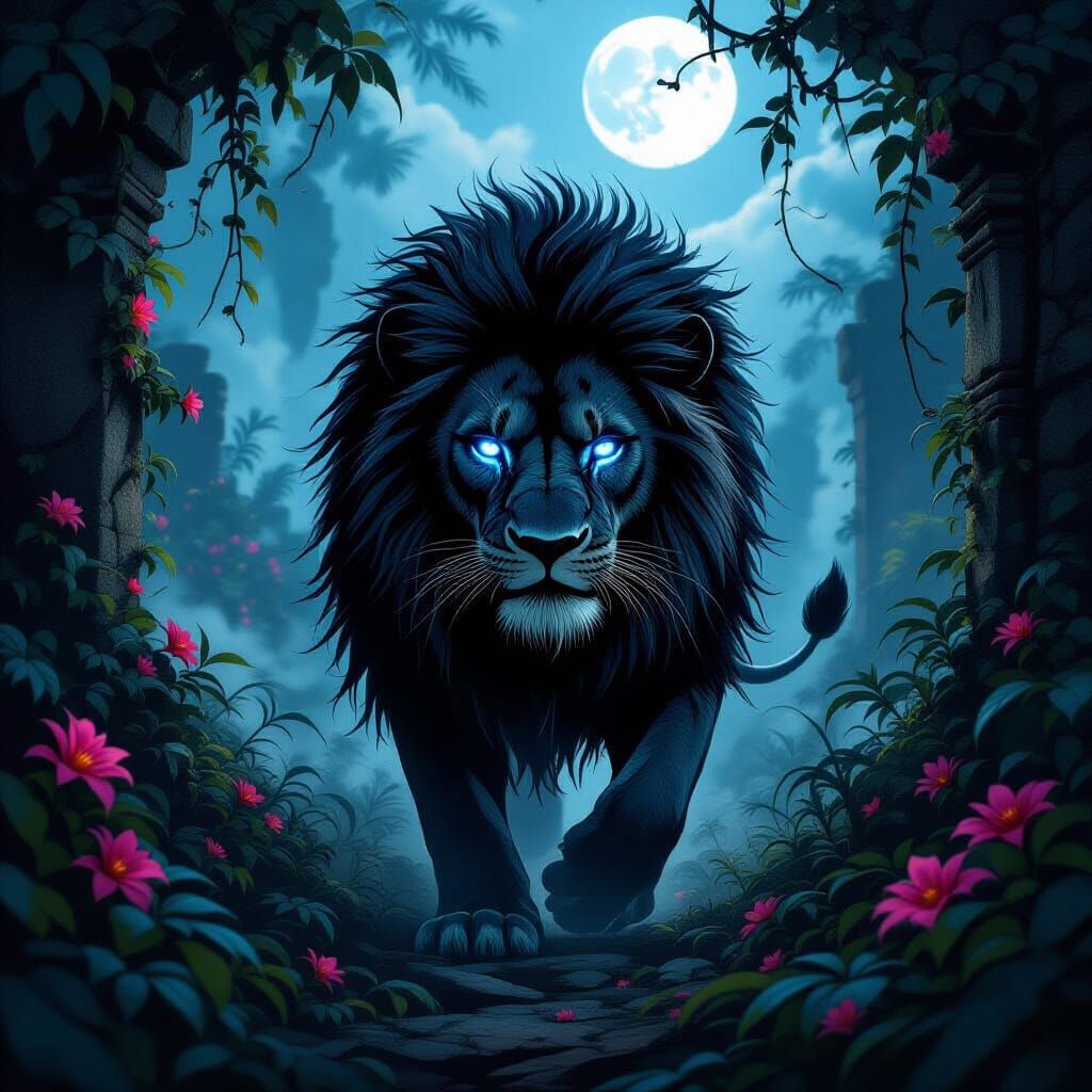 Fierce Black Lion in Moonlit Jungle, Dark Fantasy Art