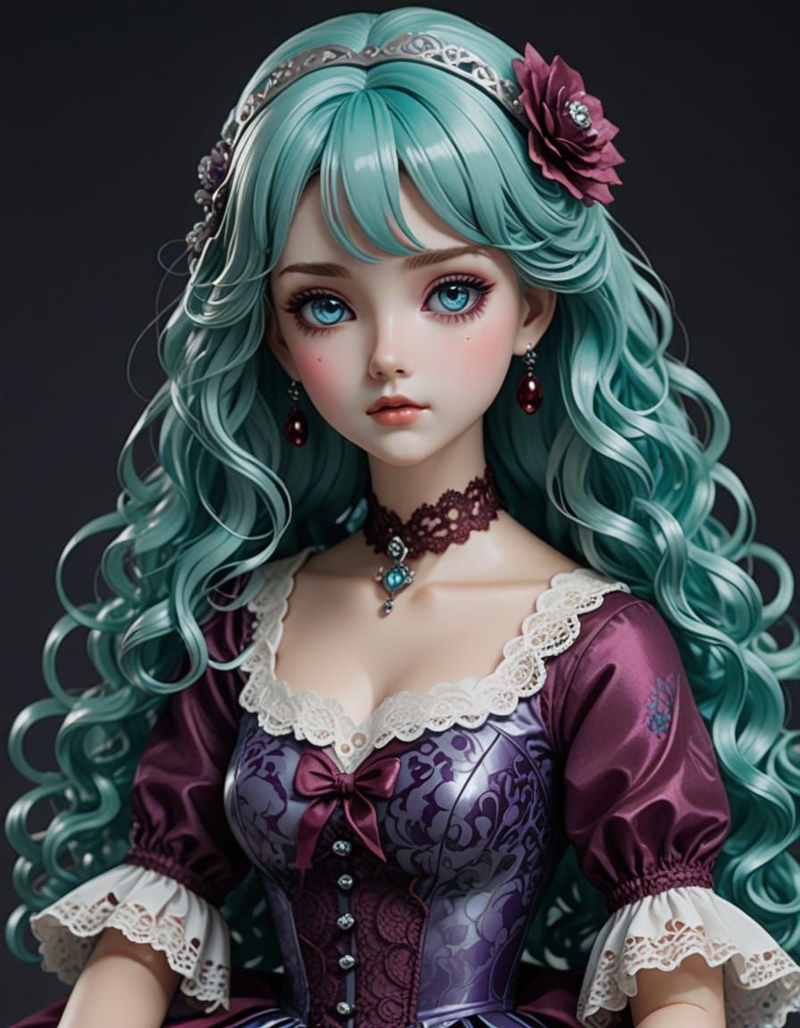 Stunning Anime-Style Porcelain Doll with Ruby Lace Dress
