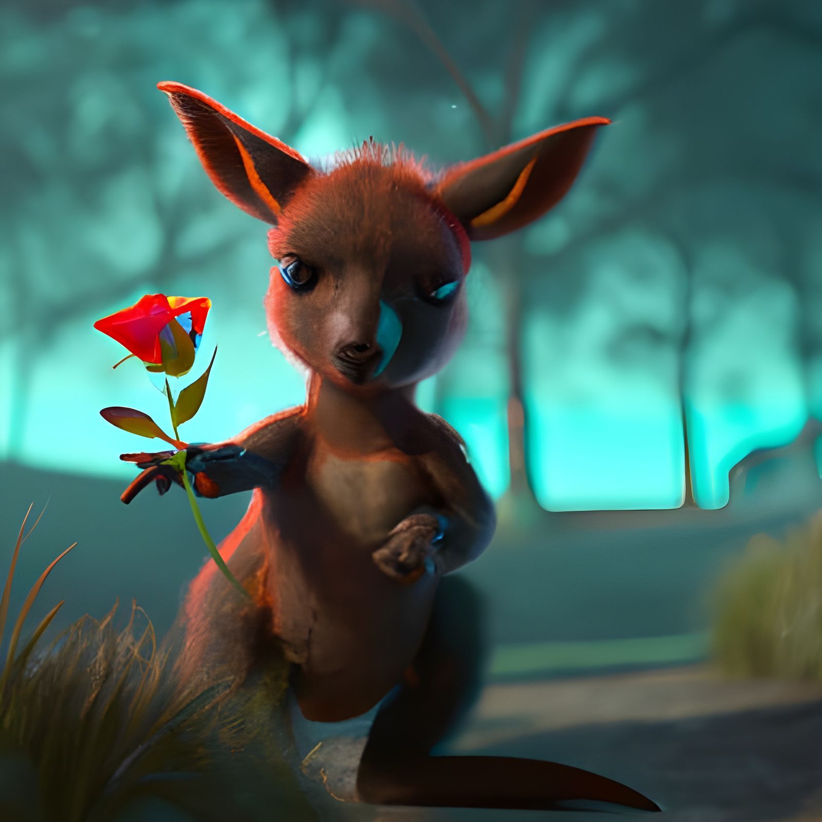 Fluffy Kangaroo Joey Offers a Rose: Fantasy Concept Art
