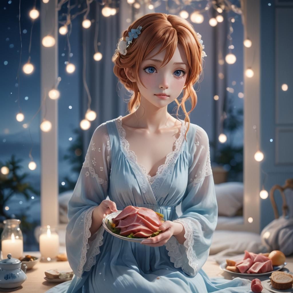 Nami in Nightgown Holding Ham: 3D Anime Art