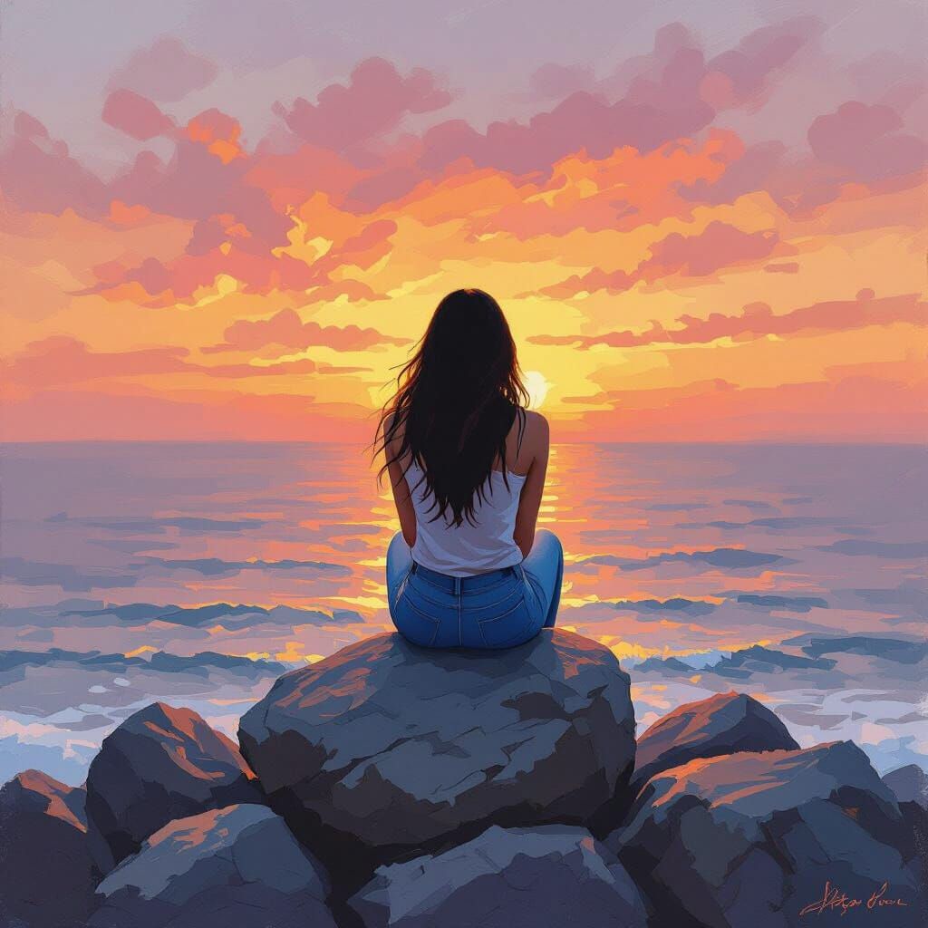 Young Woman Watches Sunset Over Ocean in Impressionistic Sty...