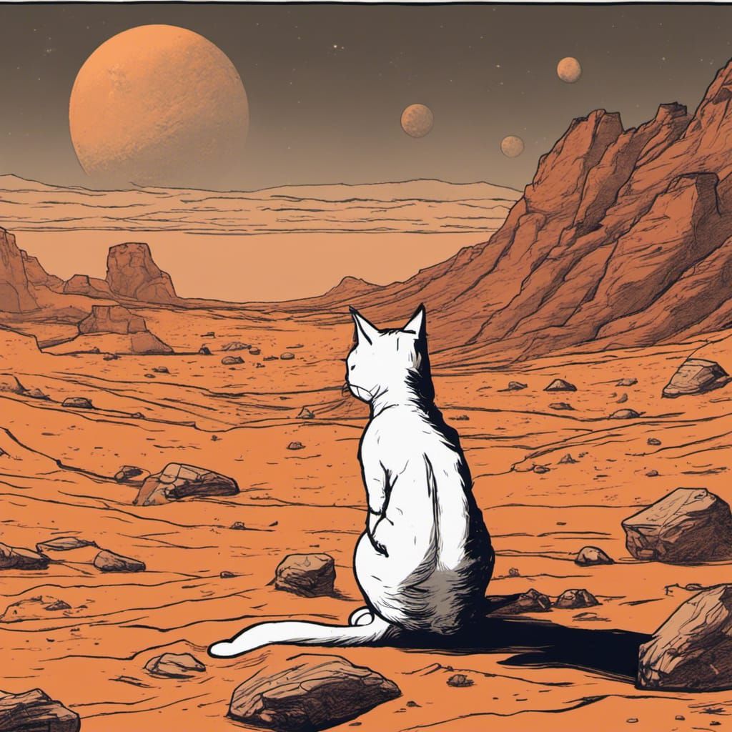 Cat on Mars Contemplating Life in Cartoon Style