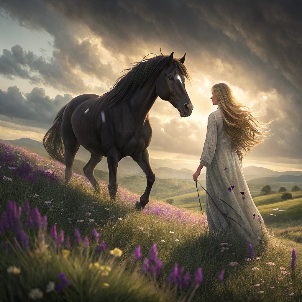 Ethereal Horse and Rider in a Vibrant, Wildflower Field