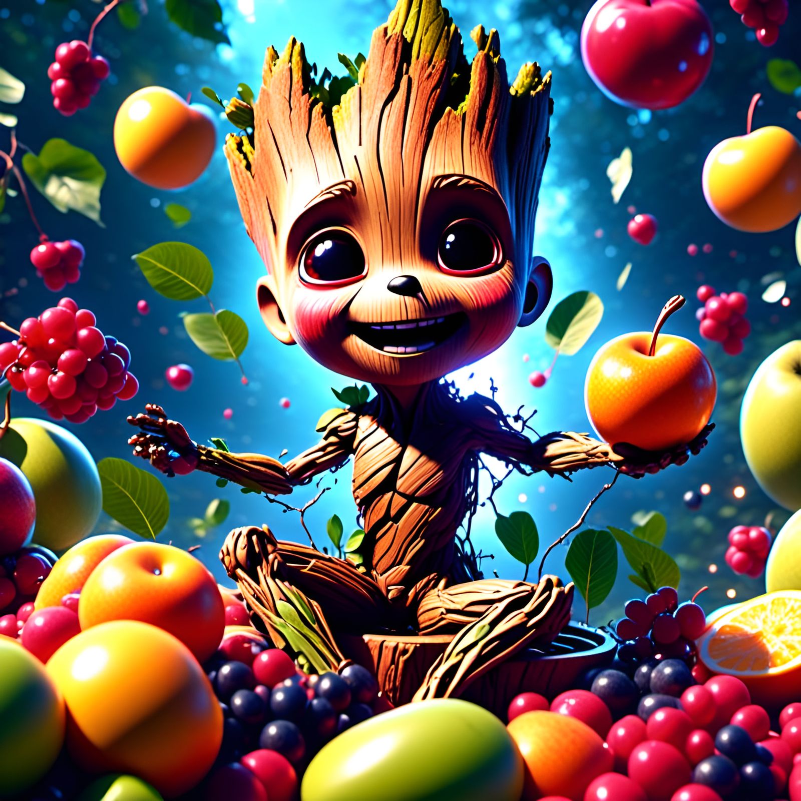 Adorable Groot Portrait with Fruit, Digital Illustration