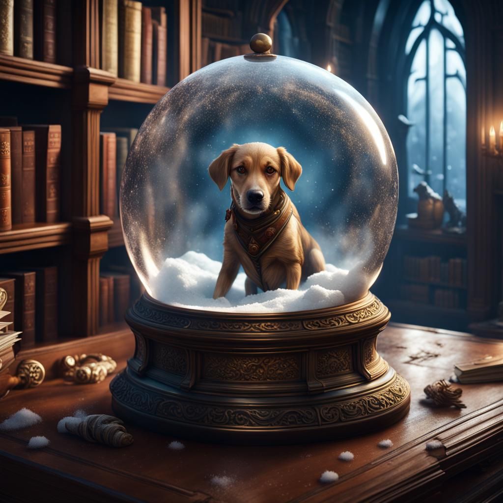 Dog in Spooky Snow Globe in Library