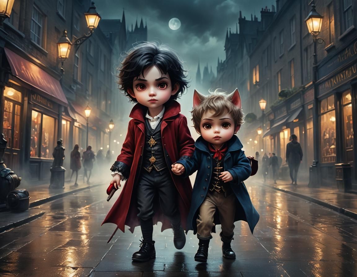 Surreal Chibi Vampire and Werewolf Play in London