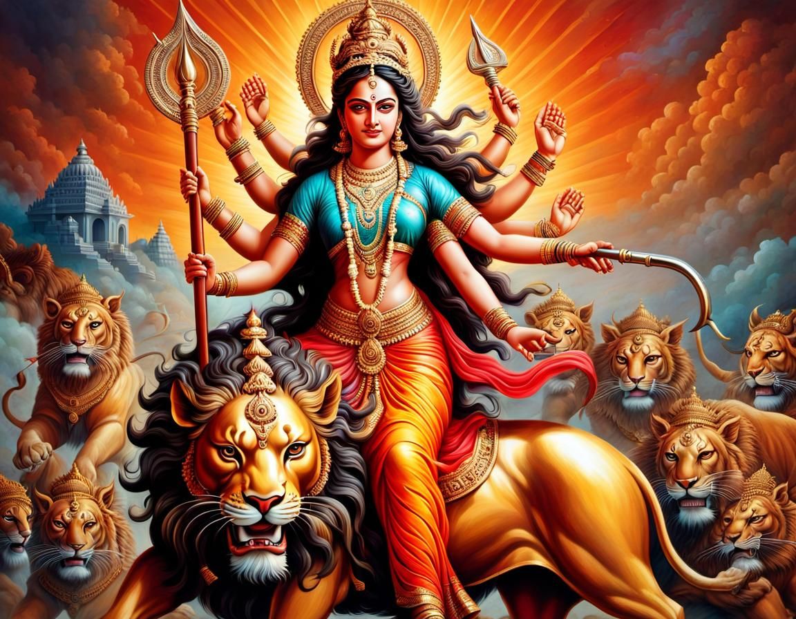 Goddess Durga Riding Lion in Hyperrealistic Style