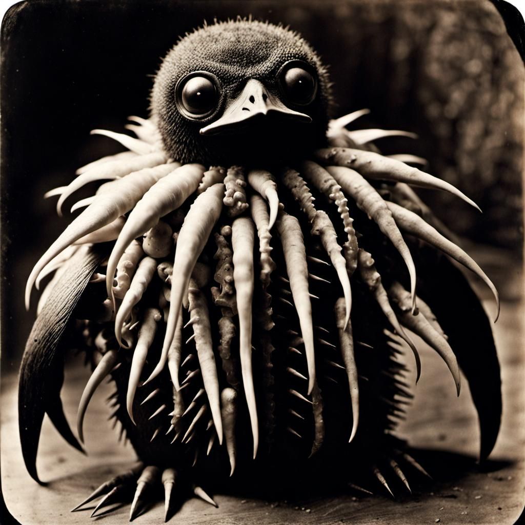 Nightmarish Abomination Loves Penguin: Sepia Horror Photogra...